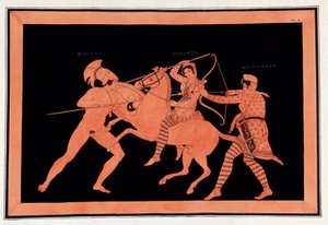Batalla de las Amazonas Hipólita y Deinomache contra Teseo - "Pinturas de vasos antiguos, comúnmente llamados etruscos", de varias colecciones y grabado por A. Clener, acompañado de explicaciones por A.L. Millen. Por Dubois-Maisonneuve. Biblioteca de Maiso de Unknown artist