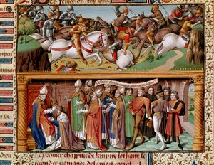 Escena de batalla y coronación del emperador Lotario II de Supplinburg (o Lotario III del Sacro Imperio Romano). Miniatura en 