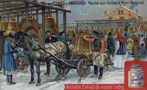 Mercado de campanas en Nizhny Novgorod (Rusia). Cromolitografía Liebig de finales del siglo XIX de Unknown artist