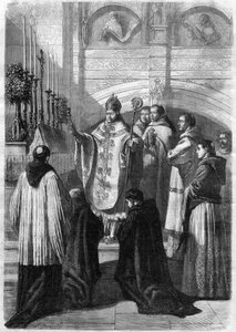 Bendición de huevos el Domingo de Pascua en la Abadía de Solesmes (Sarthe) en 1868 de Unknown artist