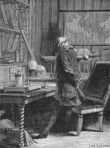 Benjamin Franklin en su laboratorio de física en Filadelfia. En 