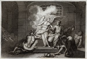 Biblia de Royaumont, Nuevo Testamento: San Pedro liberado de la prisión. San Pedro es liberado de la prisión por un ángel durante la noche. Ilustración de 1811 de Unknown artist