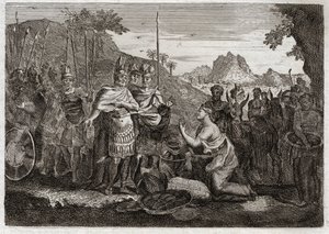 Biblia de Royaumont, Antiguo Testamento: Abigail. Abigail, esposa de Nabal, calma la ira de David con su sabiduría. Ilustración de 1811. de Unknown artist