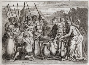 Biblia de Royaumont, Antiguo Testamento: Abraham salva a Lot. Abraham salva a su sobrino Lot de las manos de los enemigos. El Sumo Sacerdote Melquisedec bendice. El rey de Sodoma le ofreció... de Unknown artist