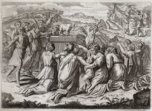 Biblia de Royaumont, Antiguo Testamento: Adoración del Becerro de Oro. Moisés, al ver a los hebreos y al becerro de oro, rompe las Tablas de la Ley. Ilustración de 1811.