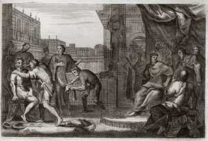 Biblia de Royaumont, Antiguo Testamento: Embajadores de David. David envió a Joab contra los amonitas para vengar la ofensa que Hanón, su príncipe, había hecho a sus embajadores, a quienes había tomado por espías. Ilustración de 1811.