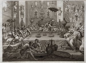 Biblia de Royaumont, Antiguo Testamento: Belsasar condenado. El rey Belsasar (Belsasar) en la mesa ve una mano que en tres palabras escribe el fin de su sentencia. Ilustración de 1811 de Unknown artist