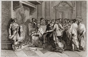 Biblia de Royaumont, Antiguo Testamento: Baruc profeta. El rey Joaquín corta el rollo que contiene las profecías de Jeremías transcritas por su discípulo Baruc y lo arroja al fuego. Ilustración de 1811. de Unknown artist