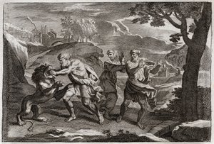 Biblia de Royaumont, Antiguo Testamento: Nacimiento de Sansón. Sansón desgarra a un león en pedazos. Ilustración de 1811 de Unknown artist