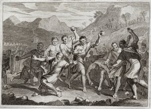 Biblia de Royaumont, Antiguo Testamento: Lapidación del blasfemo. Dios hace lapidar a un blasfemo de su santo nombre, y a otro que violó el santo Shabat, recogiendo algunas pajas en el campo. Ilustración de 1811 de Unknown artist