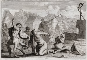 Biblia de Royaumont, Antiguo Testamento: Serpiente de Bronce. El pueblo murmurando contra Dios y contra Moisés, es castigado por serpientes de fuego; de las cuales fueron curados por una serpiente de bronce, que Moisés había levantado para ser vista por to de Unknown artist