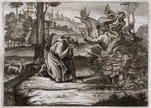 Biblia de Royaumont, Antiguo Testamento: La Zarza Ardiente. Dios habla a Moisés desde el medio de una zarza ardiente. Ilustración de 1811.