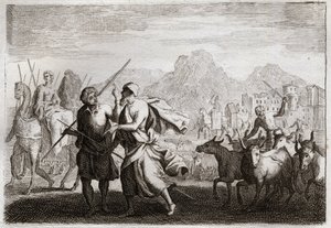 Biblia de Royaumont, Antiguo Testamento: Llamada de Abraham. Dios llama a Abraham y le ordena dejar la tierra de los caldeos para ir a una tierra que le prometió darle. Ilustración de 1811.