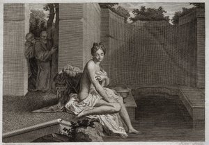 Biblia de Royaumont, Antiguo Testamento: Castidad de Susana. Dos ancianos, jueces del pueblo, intentan corromper la castidad de Susana, mientras ella estaba sola en su jardín y tomando un baño. Ilustración de 1811. de Unknown artist