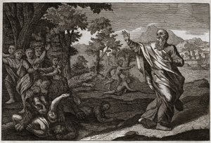 Biblia de Royaumont, Antiguo Testamento: Niños devorados por osos. Niños que se burlan de la calvicie de Eliseo son desgarrados por osos. Ilustración de 1811.