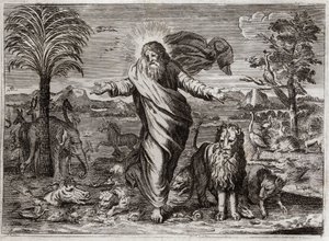 Biblia de Royaumont, Antiguo Testamento: Creación del Mundo. Dios saca del vacío el Cielo y la Tierra, y en seis días lo adorna y lo llena de criaturas de todo tipo. Ilustración de 1811. de Unknown artist