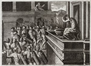 Biblia de Royaumont, Antiguo Testamento: Crimen de David o Betsabé en el baño. David vio a Betsabé desde lejos, la esposa de Urías el hitita, bañándose, y concibió un mal deseo por ella, y luego mató a su esposo Urías. Ilustración de 1811. de Unknown artist