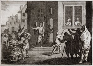 Biblia de Royaumont, Antiguo Testamento: Crímenes de los sodomitas. Lot recibe a los ángeles en su casa. Los sodomitas (Sodoma) quieren violentarlos. Los ángeles los golpean con ceguera. Ilustración de 1811.