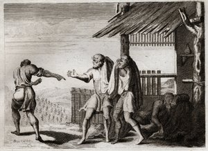 Biblia de Royaumont, Antiguo Testamento: Maldito Cham de su Padre (embriaguez de Noé). Cham, el segundo de los hijos de Noé, ve a su padre en una postura indecente, no le importa y es maldecido. Ilustración de 1811. de Unknown artist