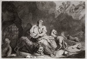 Biblia de Royaumont, Antiguo Testamento: Daniel en el foso de los leones. Daniel es puesto en el foso de los leones y milagrosamente es bebido. Ilustración de 1811.