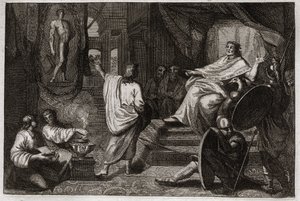 Biblia de Royaumont, Antiguo Testamento: Daniel profeta. El profeta Daniel revela al rey Nabucodonosor II un sueño que tuvo y le explica su significado. Ilustración de 1811 de Unknown artist