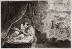 Biblia de Royaumont, Antiguo Testamento: Visión de Daniel de las cuatro monarquías de asirios, persas, griegos y romanos. Ven cuatro monstruos: Haniel, Kafziel, Azriel, Aniel. Ilustración de 1811. de Unknown artist