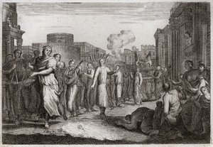 Biblia de Royaumont, Antiguo Testamento: David baila ante el Arca del Pacto. David, habiendo resuelto por segunda vez llevar el Arca a su casa, la hace llevar y acompañar por levitas, para evitar un accidente similar al de Oza. Está bailando frente a ella.
