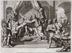 Biblia de Royaumont, Antiguo Testamento: David toca el arpa. Saúl, rechazado por Dios, es poseído por el espíritu maligno. Buscan a un hombre que sepa tocar el arpa, para aliviarlo en su mal. Ilustración de 1811