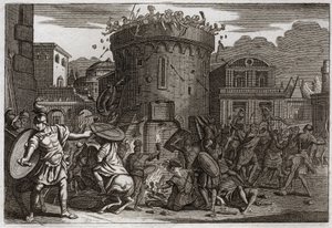 Biblia de Royaumont, Antiguo Testamento: Muerte de Abimelec. Abimelec es asesinado por una mujer que lo aplasta con una piedra en el sitio de Tebetz. Ilustración de 1811. de Unknown artist