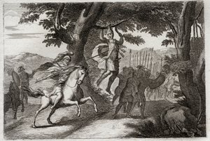 Biblia de Royaumont, Antiguo Testamento: Muerte de Absalón. Absalón, huyendo de la batalla, es atrapado por el cabello en un roble, y Joab le atraviesa el corazón con tres dardos. Ilustración de 1811. de Unknown artist