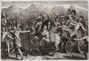 Biblia de Royaumont, Antiguo Testamento: Muerte de Acab. Acab hizo la guerra contra Siria y fue asesinado con una flecha al azar. Ilustración de 1811 de Unknown artist