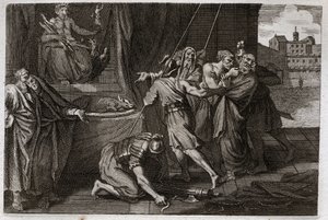 Biblia de Royaumont, Antiguo Testamento: Muerte de Eleazar. El viejo santo Eleazar fue asesinado por orden de Antíoco IV Epífanes (175-164 a.C.), porque no quiso fingir comer carnes prohibidas. Ilustración de 1811. de Unknown artist