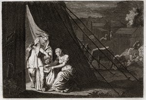 Biblia de Royaumont, Antiguo Testamento: Muerte de Holofernes. Judit corta la cabeza de Holofernes, asistida por su criada Abra, y embriaga a Betulia. Ilustración de 1811.