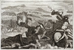 Biblia de Royaumont, Antiguo Testamento: Muerte de Judas. Derrota de Demetrio I Sóter y Nicanor. Muerte de Judas Macabeo en batalla. Ilustración de 1811 de Unknown artist