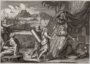 Biblia de Royaumont, Antiguo Testamento: Muerte de Sisara. Yael (Jael) mata al jefe del ejército cananeo Sisra (Sisera o Sisara). Ilustración de 1811.