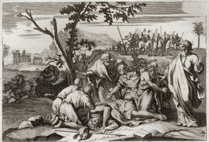 Biblia de Royaumont, Antiguo Testamento: Muerte del malvado Antíoco. La espantosa muerte del rey Antíoco IV Epífanes (175-164 a.C.) tras una caída de caballo. Ilustración de 1811.
