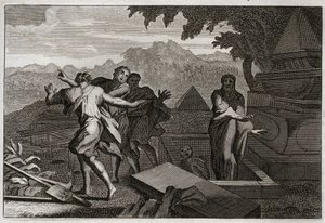 Biblia de Royaumont, Antiguo Testamento: Resurrección. Un hombre muerto fue arrojado por casualidad en la tumba de Eliseo, y resucitó al tocar sus huesos. Ilustración de 1811