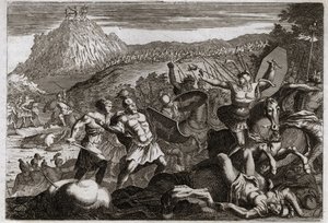 Biblia de Royaumont, Antiguo Testamento: Derrota de Amalec (Amalek). Moisés obtuvo la victoria sobre los amalecitas, manteniendo sus manos en alto hacia el cielo. Ilustración de 1811. de Unknown artist