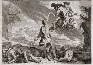 Biblia de Royaumont, Antiguo Testamento: Derrota de los filisteos. Sansón mata a mil filisteos con la quijada de un burro. Dios hace brotar agua de la quijada para que Sansón pueda saciar su sed. Ilustración de 1811. de Unknown artist