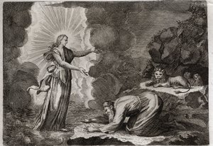 Biblia de Royaumont, Antiguo Testamento: Liberación de Daniel. Daniel, en el foso de los leones, es milagrosamente alimentado. Ilustración de 1811. de Unknown artist