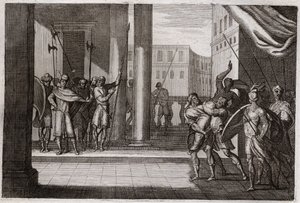Biblia de Royaumont, Antiguo Testamento: Dina salió por curiosidad a ver a las mujeres de Siquem, y el rey de esa ciudad la violó, sus hermanos se vengaron y mataron a todo el pueblo de Siquem con el rey. Ilustración de 1811
