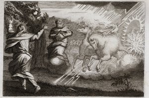 Biblia de Royaumont, Antiguo Testamento: Elías es llevado al cielo. Elías es llevado al cielo en un carro de fuego en presencia de su discípulo. Eliseo recibe de él su doble espíritu: divide las aguas del Jordán con el manto de Elías. Ilustración.