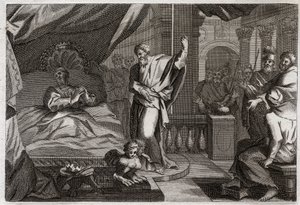 Biblia de Royaumont, Antiguo Testamento: Ezequías recibe salud. El rey Ezequías, enfermo de muerte, recibe salud y otros quince años de vida. El profeta Isaías anuncia su guerra: la señal será retroceder la sombra del reloj diez grados. de Unknown artist