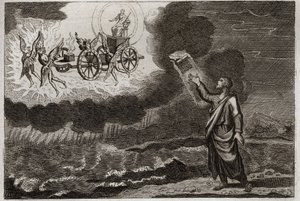 Biblia de Royaumont, Antiguo Testamento: Ezequiel profeta. El santo profeta tuvo una visión donde el Señor se le apareció en un carro, llevado por cuatro querubines (tetramorfos). Ilustración de 1811.