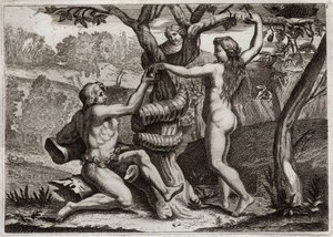 Biblia de Royaumont, Antiguo Testamento: La Caída de Adán. El Demonio bajo la forma de una serpiente habla con Eva y la tienta a comer el fruto prohibido: Eva cae y también hace caer a Adán. Ilustración de 1811.