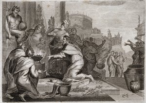 Biblia de Royaumont, Antiguo Testamento: Caída de Salomón. Salomón es corrompido por mujeres y ofrece incienso a los ídolos de los falsos dioses. Su muerte. Ilustración de 1811
