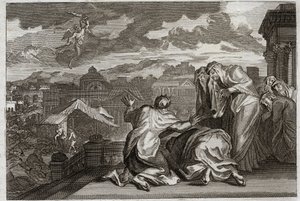 Biblia de Royaumont, Antiguo Testamento: Plaga de la Peste. Y David, habiendo hecho el censo de todo su pueblo por un movimiento de vanidad, Dios aflige su reino con una peste que se lleva a setenta mil hombres en tres días. Ilustración de 1811.