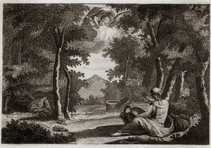 Biblia de Royaumont, Antiguo Testamento: Huida de Agar. Agar (Hagar) se levanta y cuenta a Sara (Sarah) su ama. Sara reprende su insolencia con severidad. Agar no puede soportarlo y huye de la casa al desierto, donde un ángel le habla para que regrese con  de Unknown artist