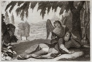 Biblia de Royaumont, Antiguo Testamento: Huida de Elías. Elías huyendo de la ira de Jezabel, quien quería vengarse de él por la muerte de sus falsos profetas, es apoyado en el desierto por un Ángel que le trae comida. Ilustración de 1811. de Unknown artist