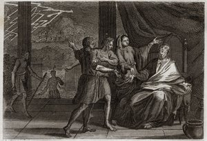 Biblia de Royaumont, Antiguo Testamento: Amigos de Job. Job, en lugar de ser consolado por tres príncipes, sus amigos, que vienen a verlo, no recibe más que tristeza porque querían hacerlo parecer culpable. Ilustración de 1811.